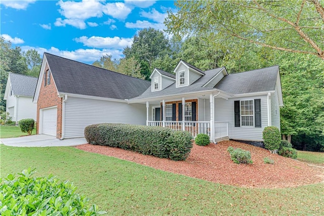 cape cod home with a porch, driveway, a front lawn, an attached garage, and a shingled roof