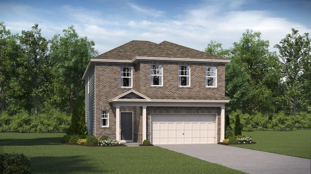 508 Almere Dr, Hampton, GA 30228 - view of front of house featuring an attached garage, a front lawn, driveway, and brick siding