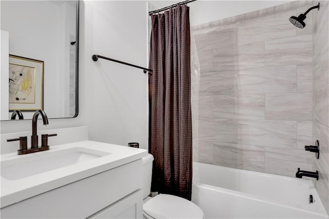 full bathroom featuring toilet, shower / tub combo with curtain, and vanity