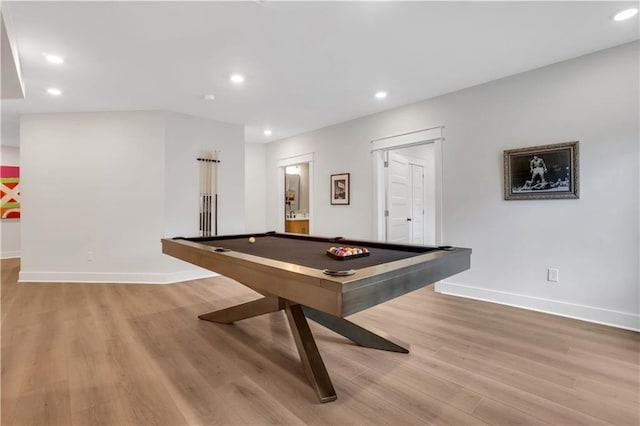 game room with baseboards, billiards, light wood-style flooring, and recessed lighting