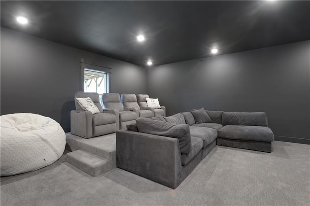 home theater featuring recessed lighting and light colored carpet