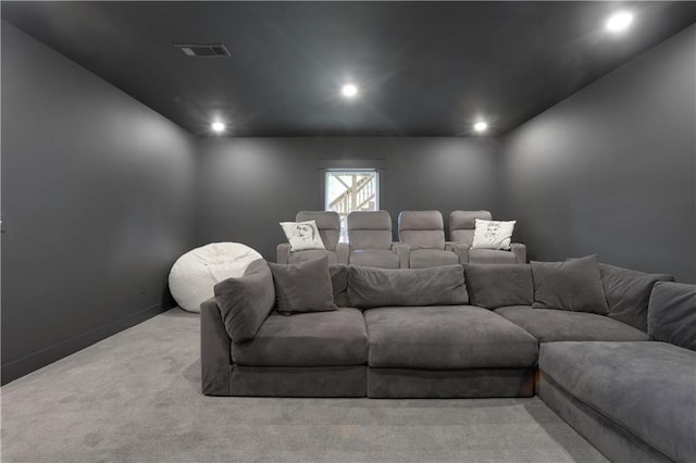 home theater with carpet, visible vents, baseboards, and recessed lighting