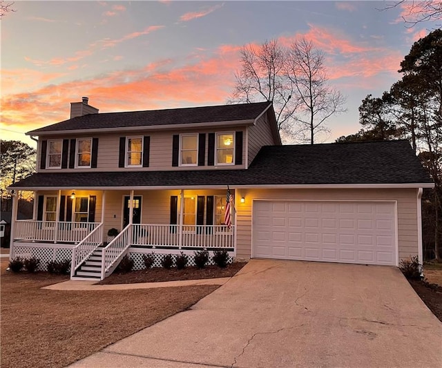 colonial house featuring a porch and a garage