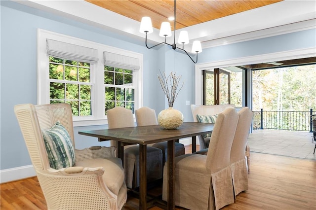 dining area with light wood-type flooring, an inviting chandelier, wood ceiling, and baseboards