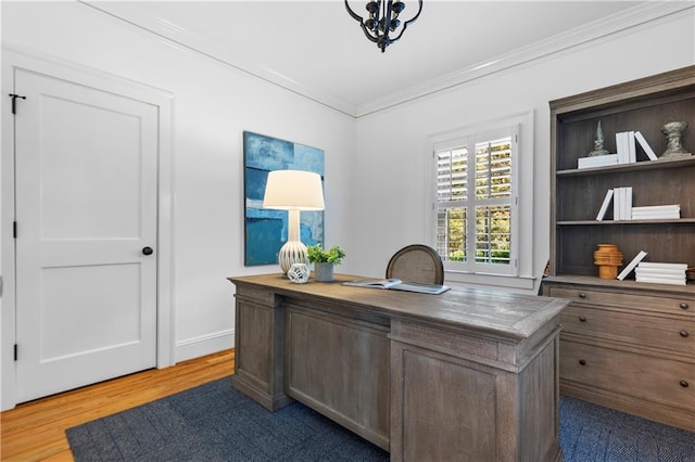 office featuring wood finished floors and crown molding