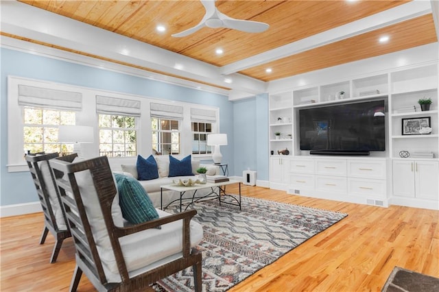 living area with built in shelves, light wood-style flooring, wood ceiling, and baseboards