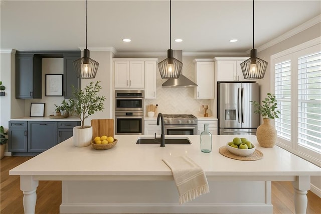 146 Rowan Ave, Alpharetta, GA 30009 - kitchen with appliances with stainless steel finishes, wall chimney range hood, a sink, tasteful backsplash, and light countertops