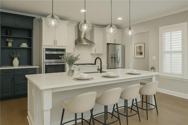 146 Rowan Ave, Alpharetta, GA 30009 - kitchen with stainless steel appliances, dark wood-style flooring, crown molding, light countertops, and recessed lighting