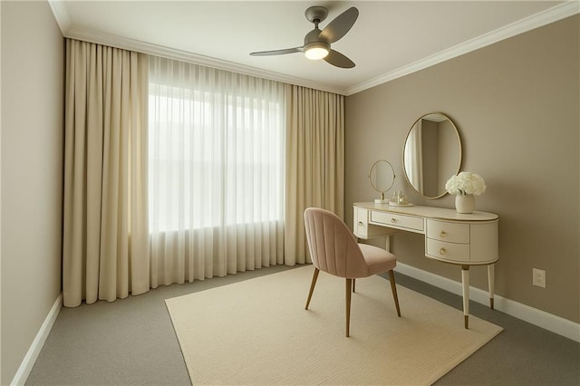 146 Rowan Ave, Alpharetta, GA 30009 - carpeted home office featuring ceiling fan, ornamental molding, and baseboards