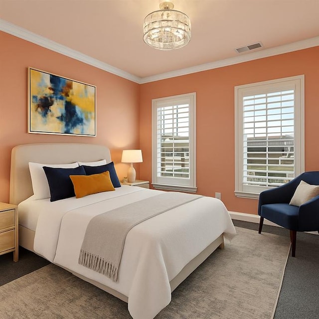 146 Rowan Ave, Alpharetta, GA 30009 - bedroom with ornamental molding, a notable chandelier, carpet floors, and visible vents