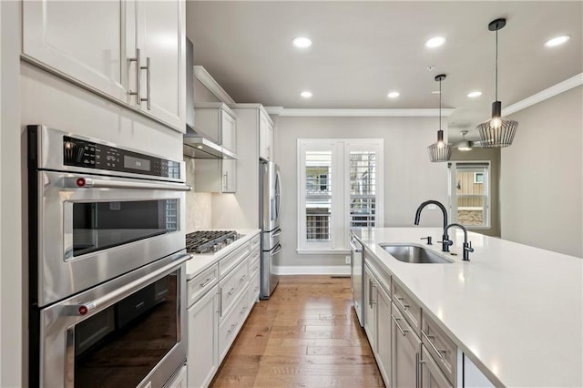 kitchen with appliances with stainless steel finishes, light countertops, a sink, and ornamental molding