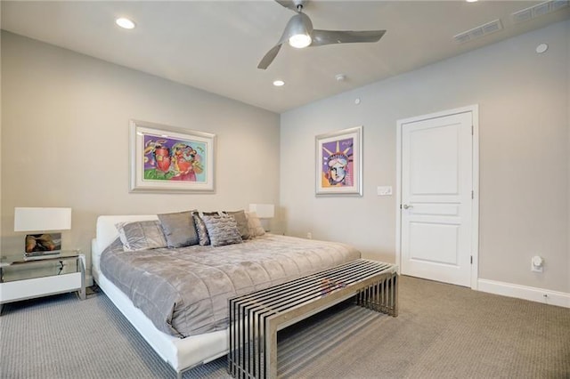 bedroom featuring baseboards, visible vents, a ceiling fan, carpet flooring, and recessed lighting