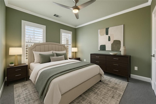 146 Rowan Ave, Alpharetta, GA 30009 - carpeted bedroom featuring ceiling fan, visible vents, baseboards, and ornamental molding