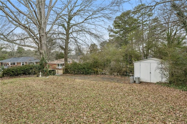 view of yard featuring a storage unit