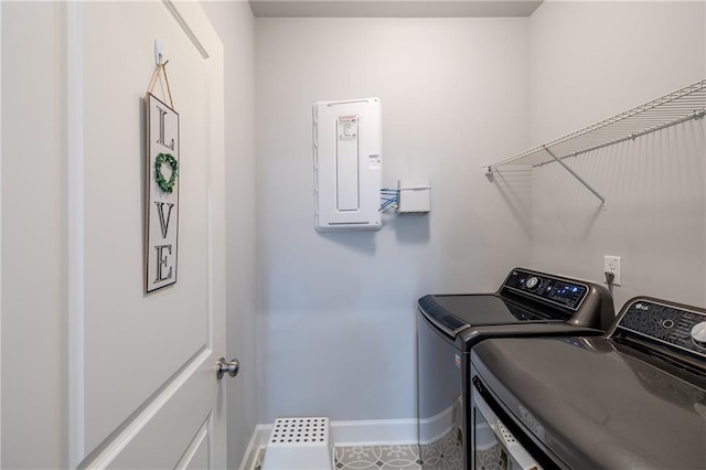 5440 Wheeler Ridge Rd, Auburn, GA 30011 - laundry room with independent washer and dryer, electric panel, and baseboards