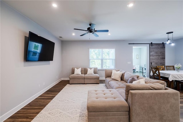 5440 Wheeler Ridge Rd, Auburn, GA 30011 - living room with a barn door, a ceiling fan, recessed lighting, baseboards, and dark wood-type flooring