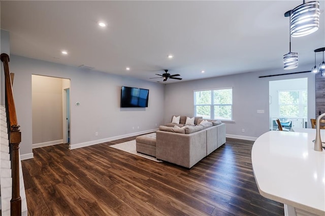 5440 Wheeler Ridge Rd, Auburn, GA 30011 - living room with ceiling fan, dark wood-style flooring, baseboards, and recessed lighting