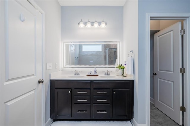 5440 Wheeler Ridge Rd, Auburn, GA 30011 - bathroom featuring double vanity, a shower, and baseboards