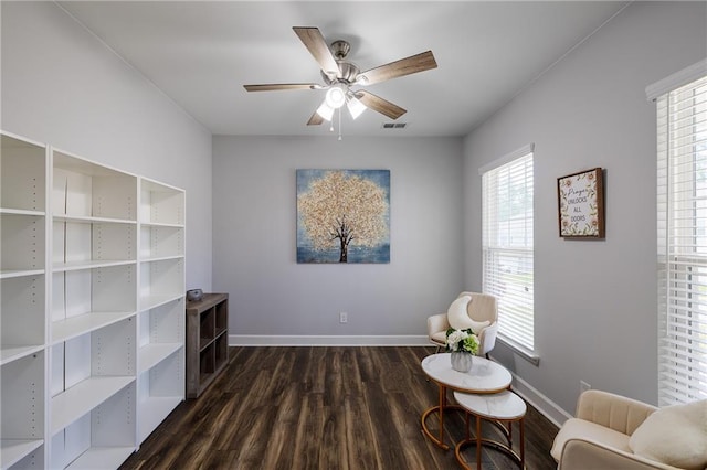 5440 Wheeler Ridge Rd, Auburn, GA 30011 - sitting room featuring dark wood-style flooring, ceiling fan, and baseboards