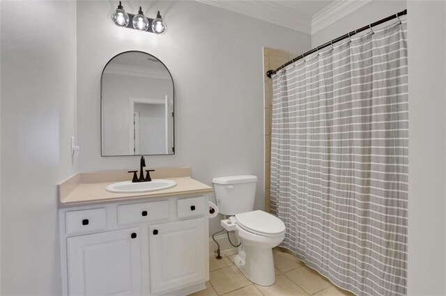 full bathroom with tile patterned flooring, crown molding, vanity, and toilet