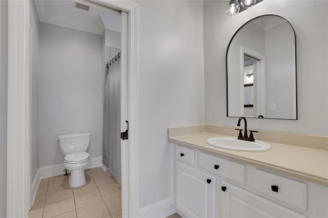 full bath with toilet, baseboards, visible vents, tile patterned flooring, and vanity