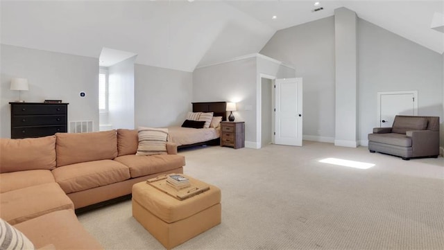 bedroom featuring visible vents, light carpet, vaulted ceiling, and baseboards