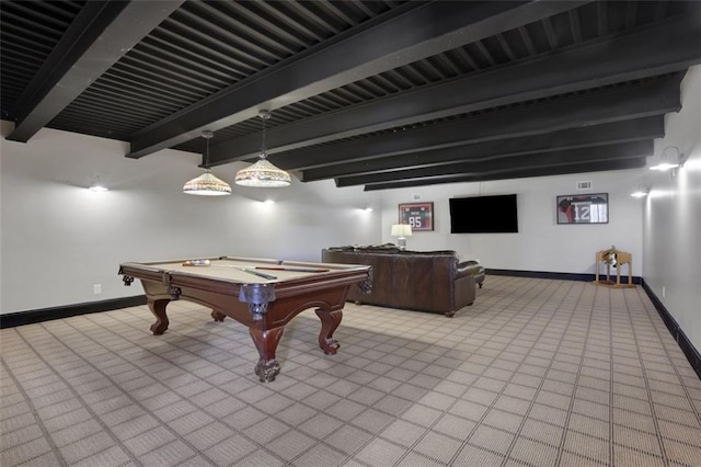 game room featuring beam ceiling, pool table, baseboards, and light colored carpet