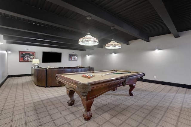 recreation room featuring baseboards, beam ceiling, and pool table