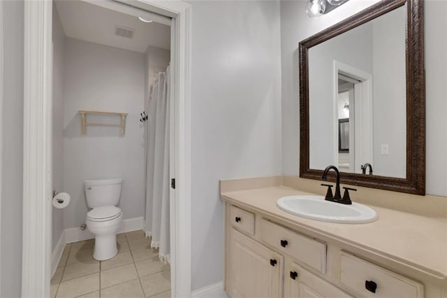 full bathroom with tile patterned floors, vanity, baseboards, toilet, and visible vents