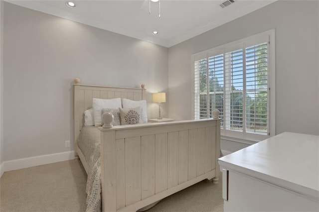 bedroom featuring recessed lighting, ornamental molding, baseboards, carpet flooring, and ceiling fan