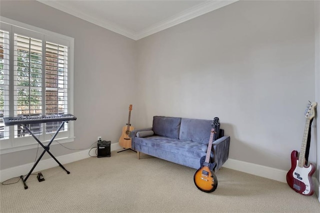 living area featuring carpet flooring, baseboards, and ornamental molding