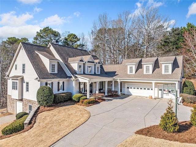 shingle-style home with covered porch, an attached garage, and concrete driveway