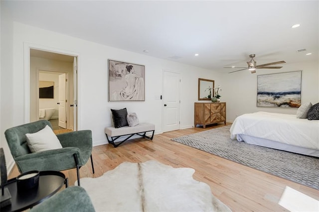 bedroom with a ceiling fan, light wood-style flooring, baseboards, and recessed lighting