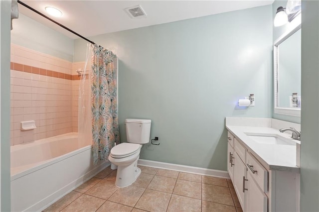 full bath with visible vents, toilet, tile patterned flooring, shower / bath combo with shower curtain, and vanity