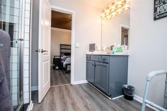 ensuite bathroom with a shower with door, wood finished floors, vanity, and connected bathroom