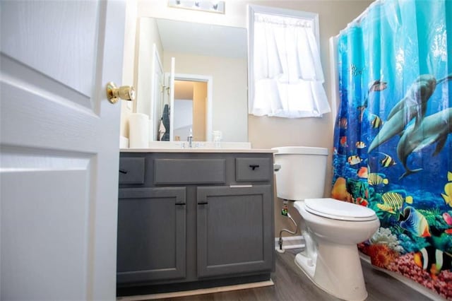 bathroom featuring a shower with shower curtain, vanity, toilet, and wood finished floors