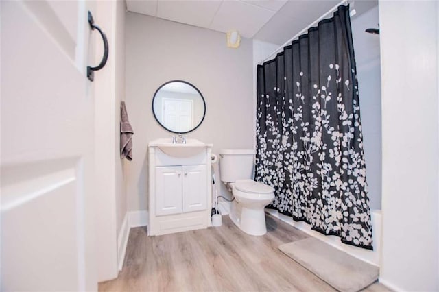 bathroom with toilet, vanity, wood finished floors, a shower with curtain, and a drop ceiling