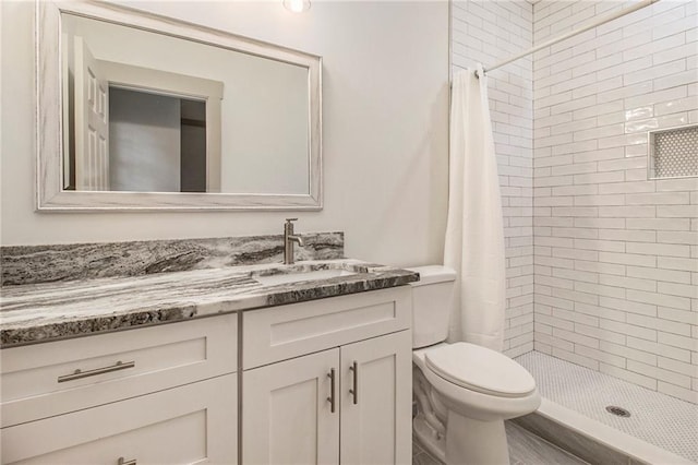 full bathroom featuring toilet, a stall shower, and vanity