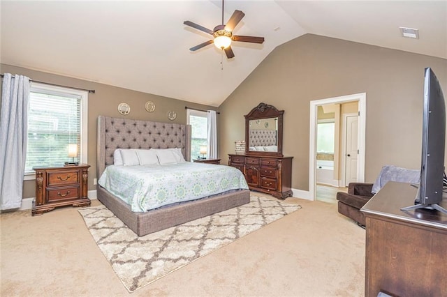 139 Village Park Dr, Newnan, GA 30265 - bedroom featuring light carpet, lofted ceiling, ensuite bathroom, and a ceiling fan
