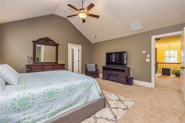 139 Village Park Dr, Newnan, GA 30265 - bedroom with light colored carpet, lofted ceiling, and a ceiling fan