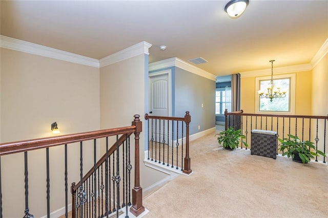 139 Village Park Dr, Newnan, GA 30265 - corridor with an upstairs landing, a chandelier, carpet floors, and ornamental molding
