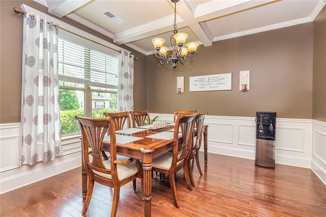 139 Village Park Dr, Newnan, GA 30265 - dining area with coffered ceiling, beamed ceiling, a chandelier, wood finished floors, and crown molding