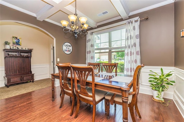 139 Village Park Dr, Newnan, GA 30265 - dining area featuring arched walkways, beamed ceiling, a chandelier, crown molding, and wainscoting