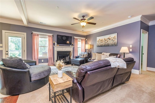 139 Village Park Dr, Newnan, GA 30265 - living area with ceiling fan, a fireplace, crown molding, and light colored carpet