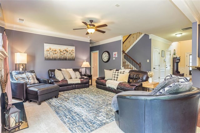 139 Village Park Dr, Newnan, GA 30265 - carpeted living area featuring a ceiling fan, stairs, and ornamental molding