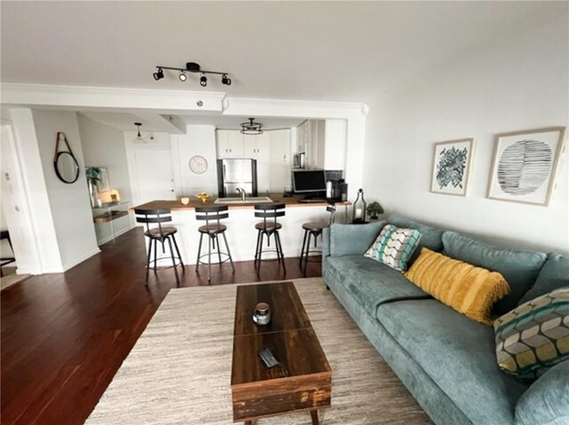 living room featuring rail lighting and wood-type flooring