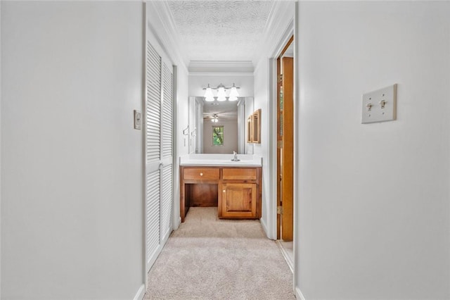 786 Mitsy Pt, Marietta, GA 30068 - corridor featuring light colored carpet, crown molding, and a textured ceiling
