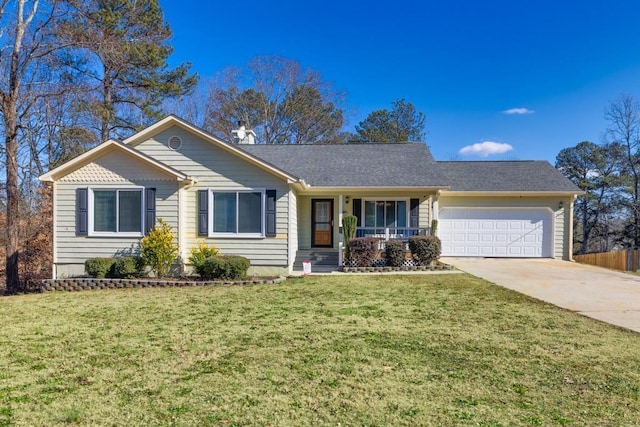 ranch-style house with a front yard, a porch, and a garage