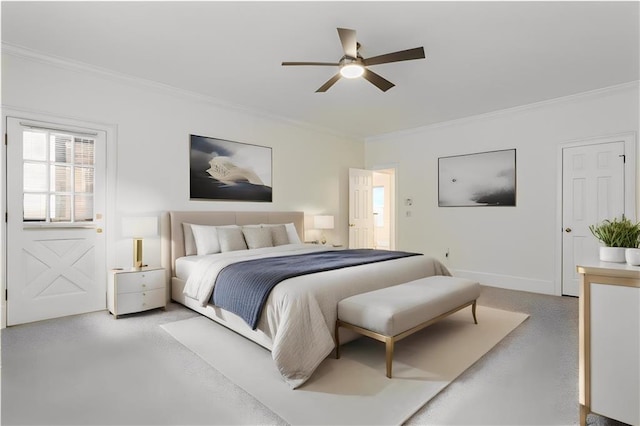 bedroom featuring ceiling fan, finished concrete flooring, baseboards, and ornamental molding