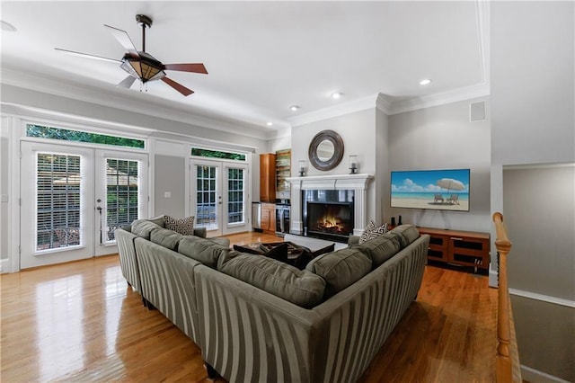 1255 Beech Haven Rd NE, Atlanta, GA 30324 - living area featuring french doors, ornamental molding, wood finished floors, a ceiling fan, and recessed lighting